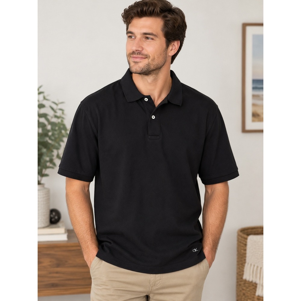 Calvin Klein Mens XL Black Cotton Short Sleeve Polo Shirt Embroidered Logo